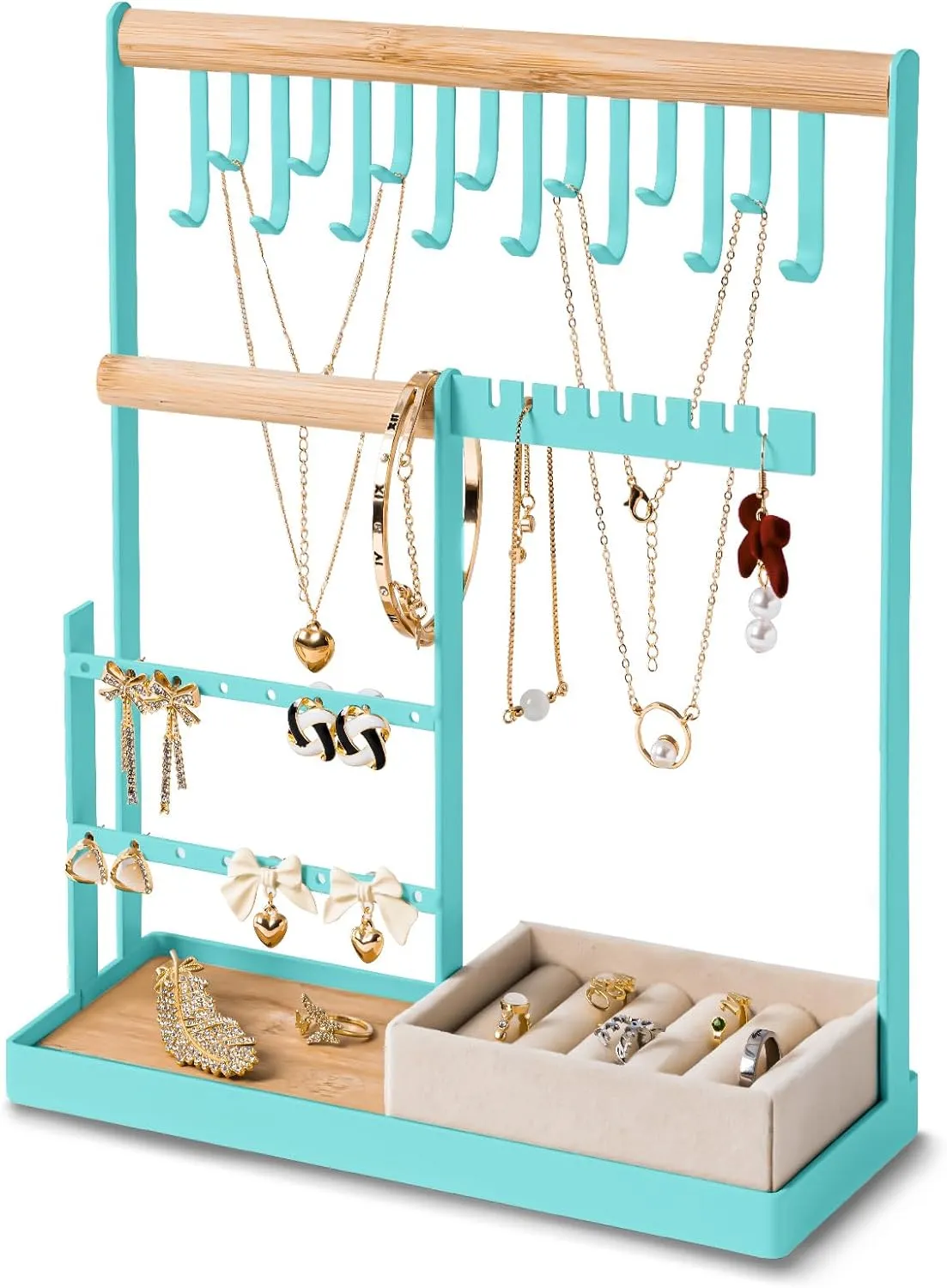 DreamGenius Jewelry Organizer Stand with Velvet Ring Holder, 4 Tier Jewelry Holder Organizer with 15 Hooks for Necklaces and 16 Holes for Earrings, Blue