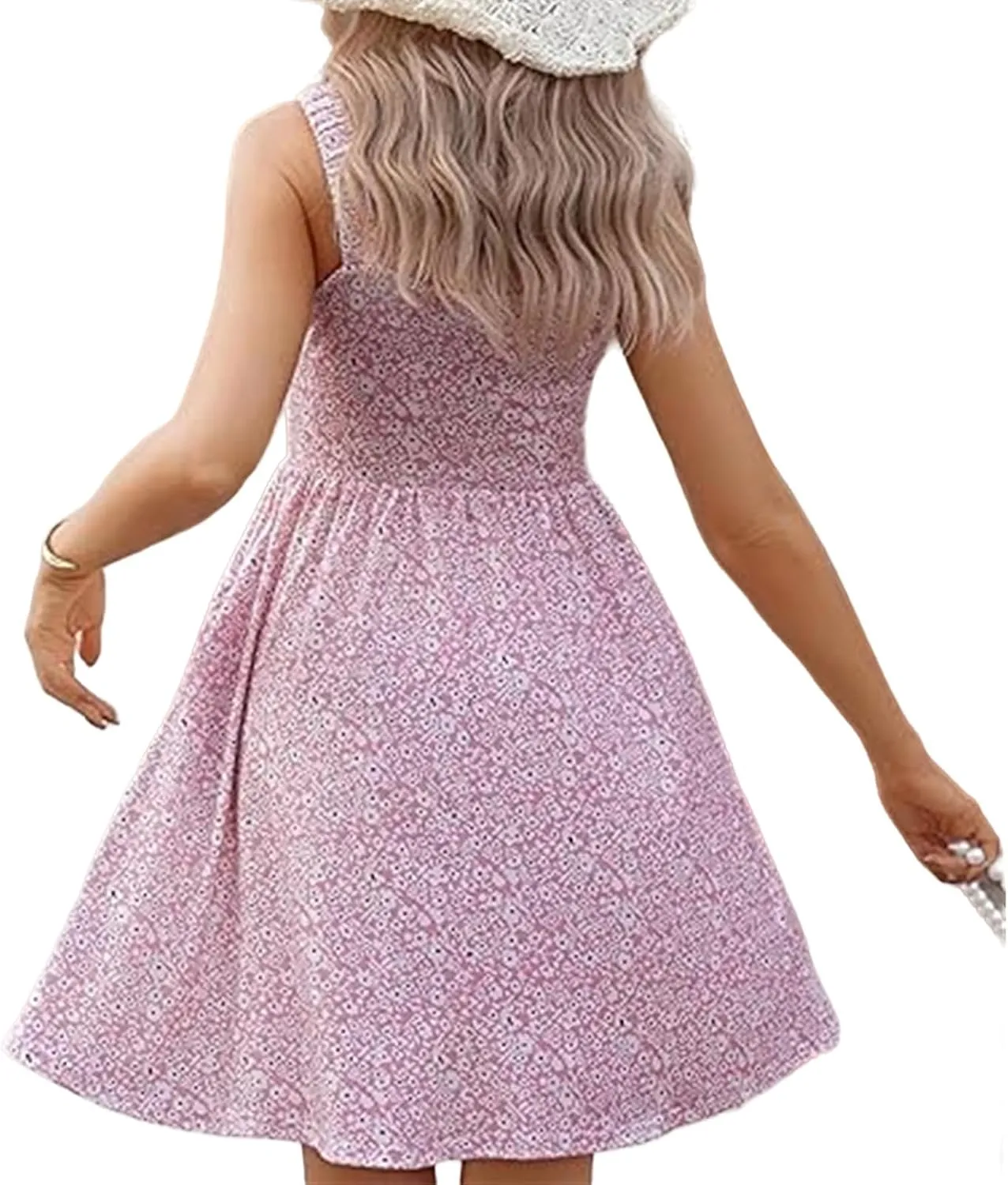 Dresses for Women Summer Floral Boho Beach Dress Elastic Waist Ruffle Mini Dresses Cute Sleeveless Square Neck Dress
