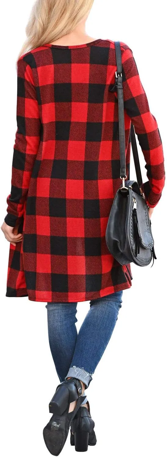 Dressmine Womens Long Cardigan Open Front Buffalo Plaid Shirt Knitted Coat Outwear Maxi Sweater Trendy 2024 Tops