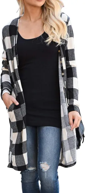 Dressmine Womens Long Cardigan Open Front Buffalo Plaid Shirt Knitted Coat Outwear Maxi Sweater Trendy 2024 Tops