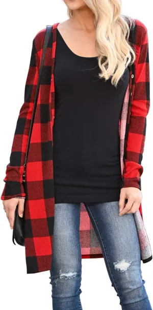 Dressmine Womens Long Cardigan Open Front Buffalo Plaid Shirt Knitted Coat Outwear Maxi Sweater Trendy 2024 Tops