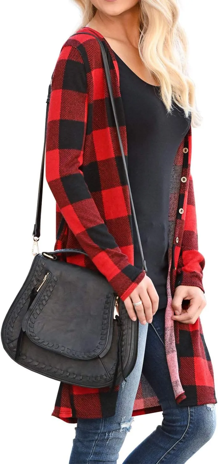 Dressmine Womens Long Cardigan Open Front Buffalo Plaid Shirt Knitted Coat Outwear Maxi Sweater Trendy 2024 Tops