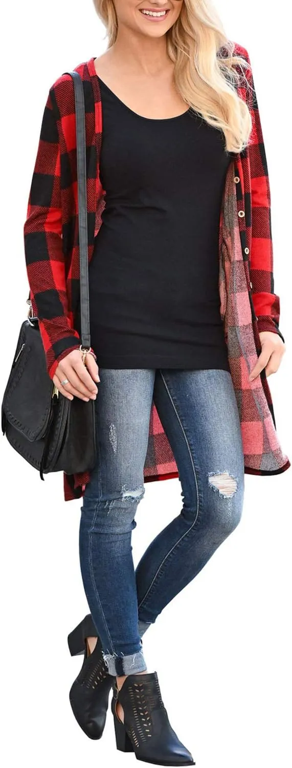 Dressmine Womens Long Cardigan Open Front Buffalo Plaid Shirt Knitted Coat Outwear Maxi Sweater Trendy 2024 Tops
