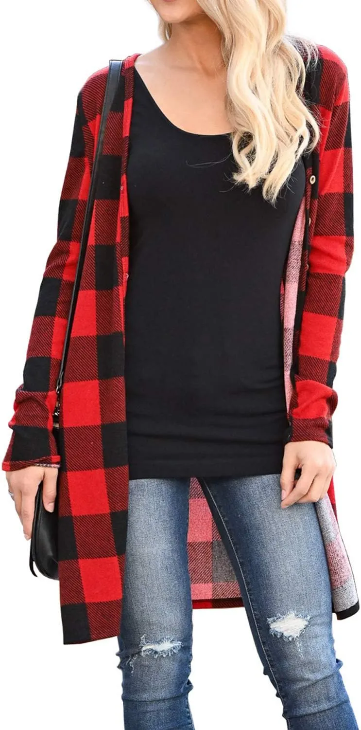 Dressmine Womens Long Cardigan Open Front Buffalo Plaid Shirt Knitted Coat Outwear Maxi Sweater Trendy 2024 Tops