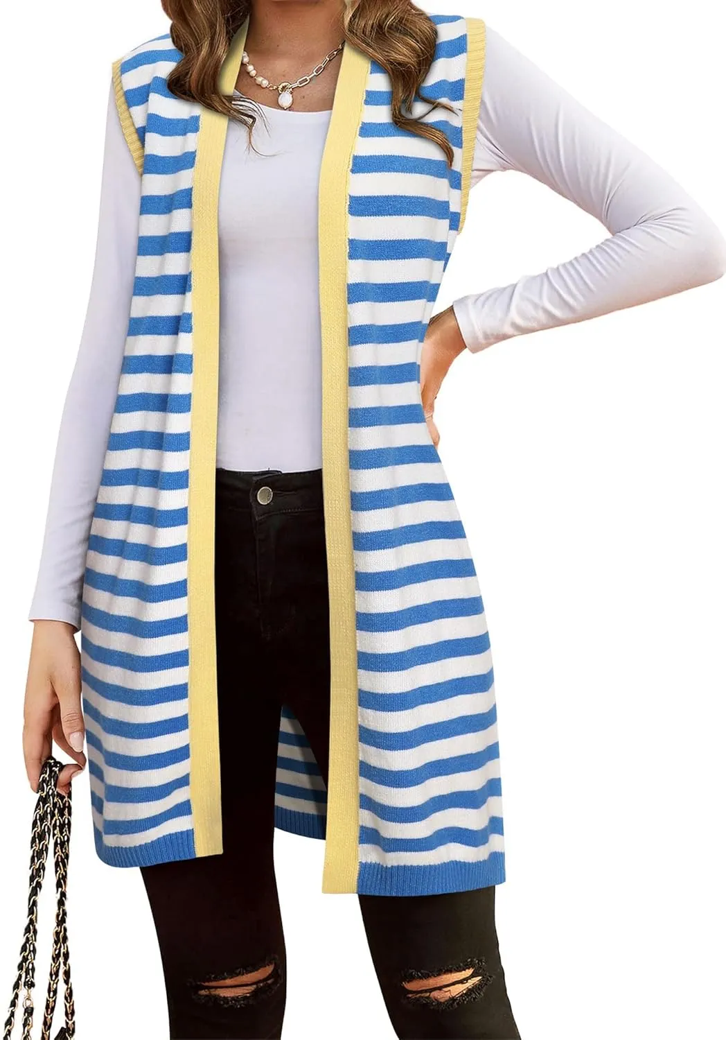 Dresswel Women's Color Block Striped Kimono Cardigan Vest Sleeveless Open Front Colorful Duster Sweater Soft Knit Long Vest