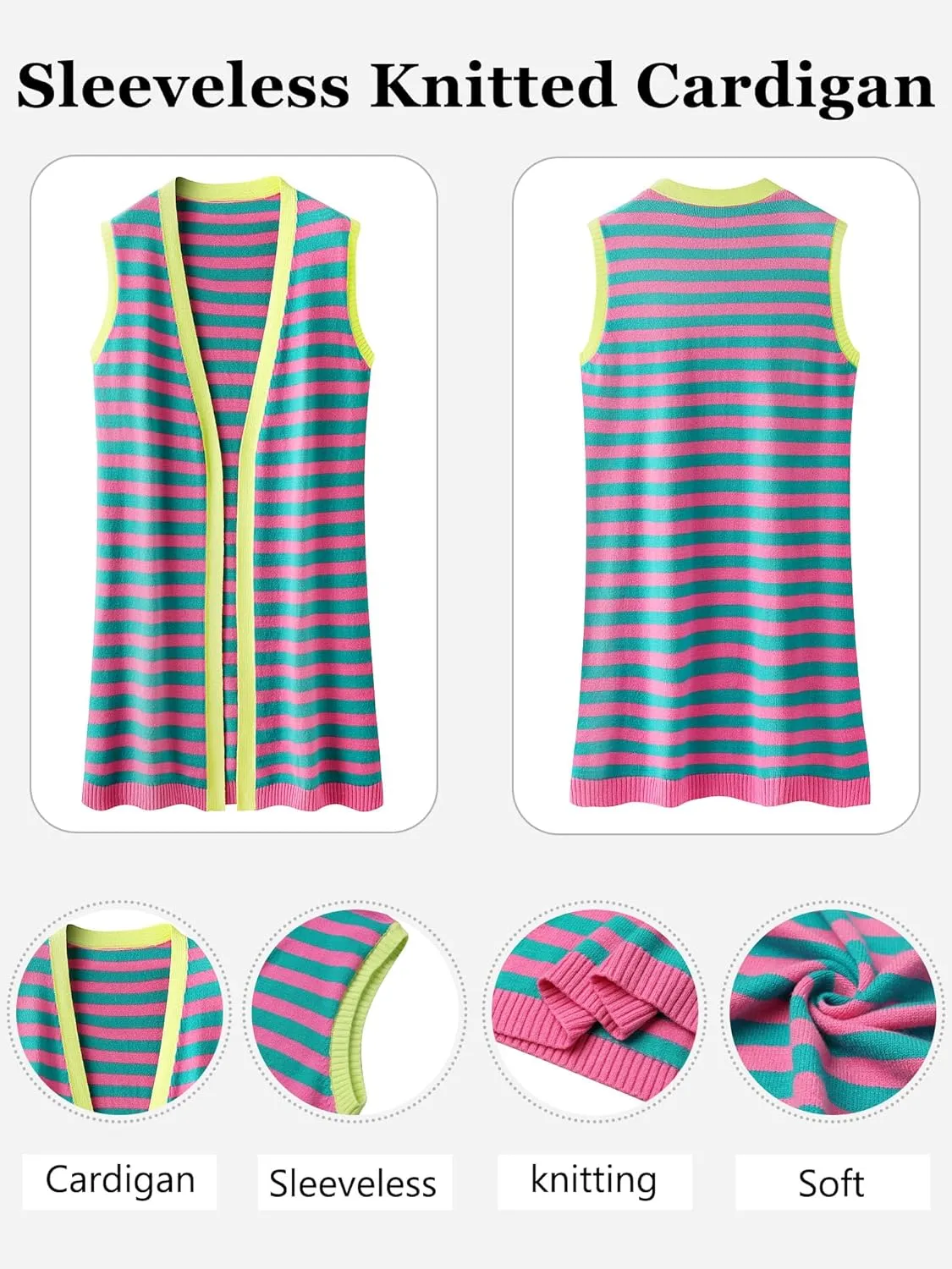 Dresswel Women's Color Block Striped Kimono Cardigan Vest Sleeveless Open Front Colorful Duster Sweater Soft Knit Long Vest