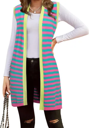 Dresswel Women's Color Block Striped Kimono Cardigan Vest Sleeveless Open Front Colorful Duster Sweater Soft Knit Long Vest