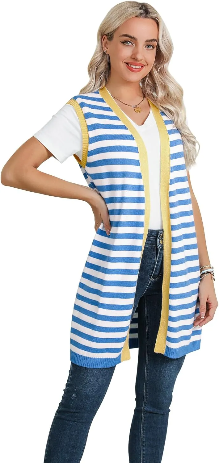 Dresswel Women's Color Block Striped Kimono Cardigan Vest Sleeveless Open Front Colorful Duster Sweater Soft Knit Long Vest