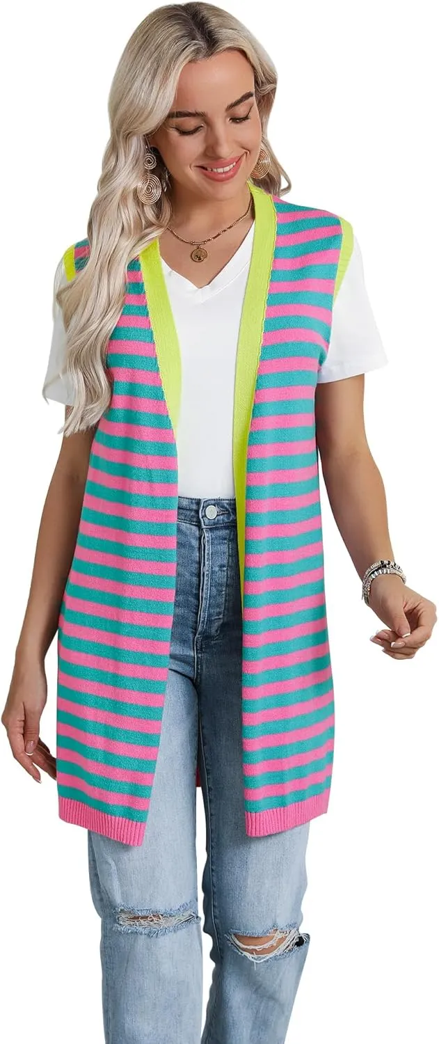 Dresswel Women's Color Block Striped Kimono Cardigan Vest Sleeveless Open Front Colorful Duster Sweater Soft Knit Long Vest