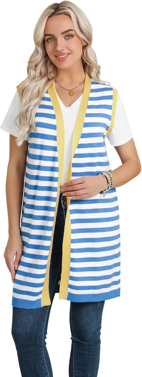 Dresswel Women's Color Block Striped Kimono Cardigan Vest Sleeveless Open Front Colorful Duster Sweater Soft Knit Long Vest