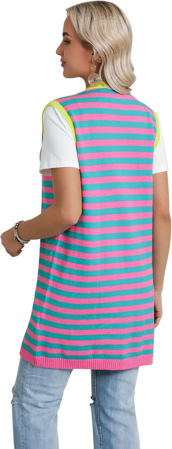 Dresswel Women's Color Block Striped Kimono Cardigan Vest Sleeveless Open Front Colorful Duster Sweater Soft Knit Long Vest