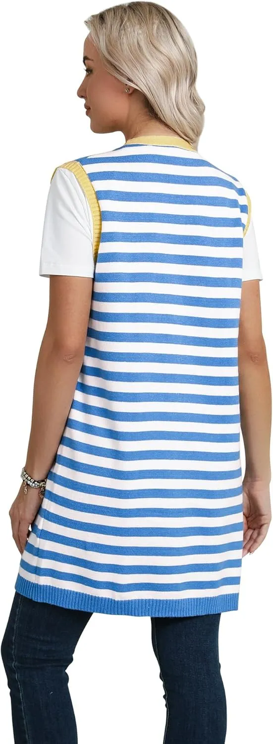 Dresswel Women's Color Block Striped Kimono Cardigan Vest Sleeveless Open Front Colorful Duster Sweater Soft Knit Long Vest