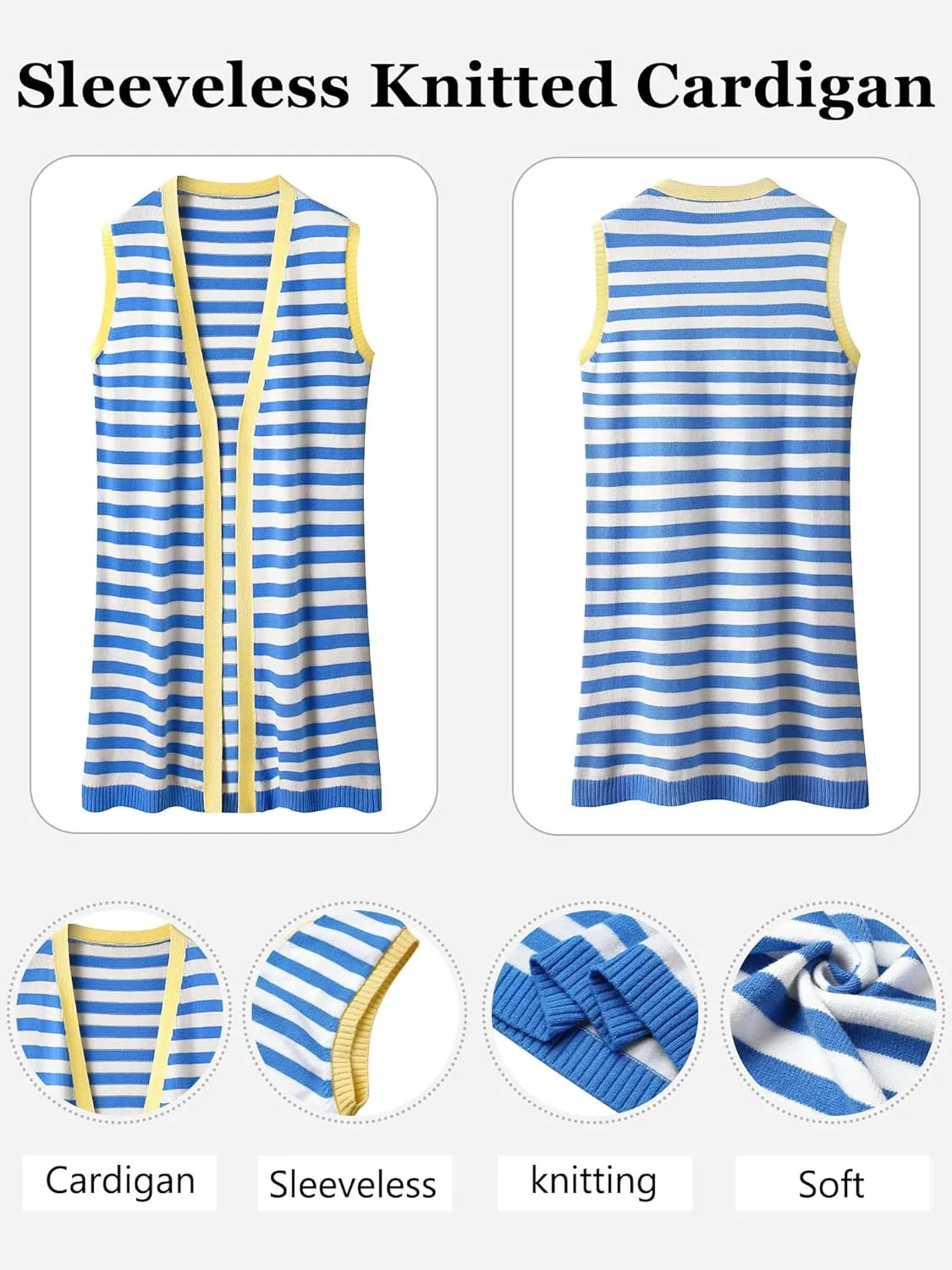 Dresswel Women's Color Block Striped Kimono Cardigan Vest Sleeveless Open Front Colorful Duster Sweater Soft Knit Long Vest