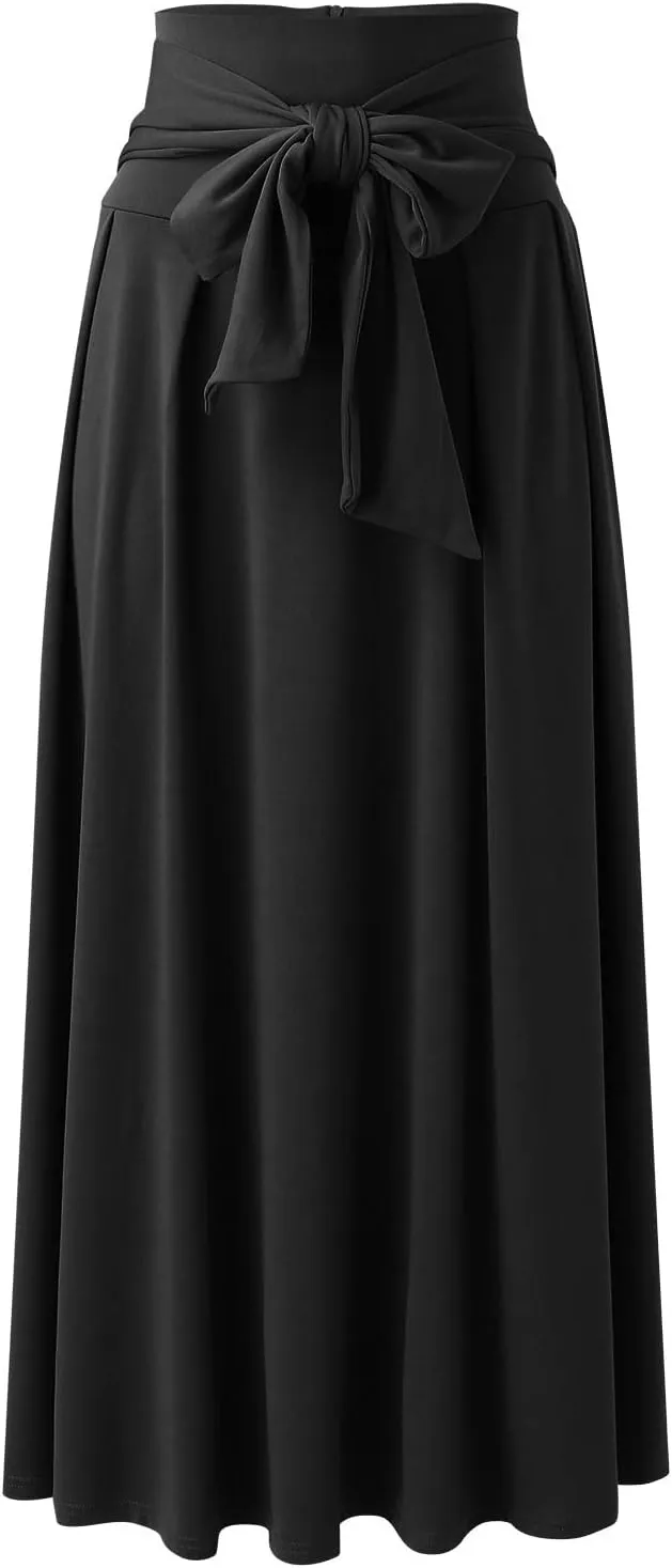 Dressy Skirts for Women Flowy Ruffle Swing High Waisted Bow Front Pleated Maxi Skirts Fall Business Work Suit Dresses