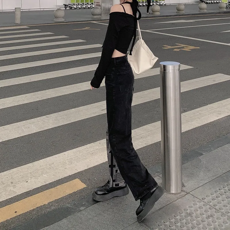 E Girl Outfit High Waist Patchwork Black Jeans