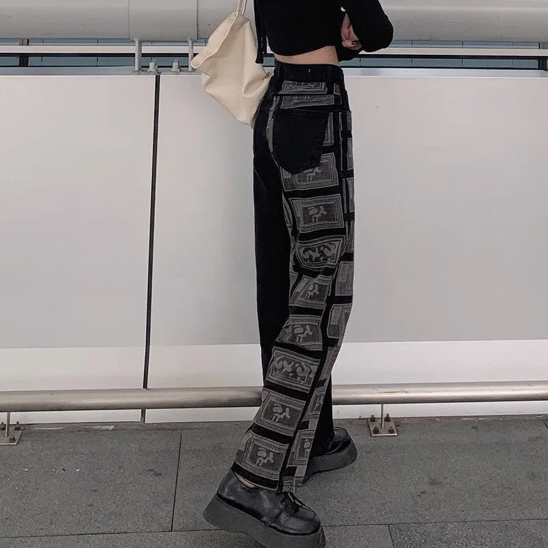 E Girl Outfit High Waist Patchwork Black Jeans