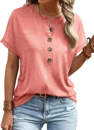 EADINVE Womens Tshirts Crew Neck Short Sleeve Summer Buttons Tops Casual Roll Sleeve Basic Tee Shirts Trendy Loose Fit