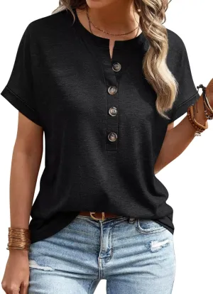 EADINVE Womens Tshirts Crew Neck Short Sleeve Summer Buttons Tops Casual Roll Sleeve Basic Tee Shirts Trendy Loose Fit