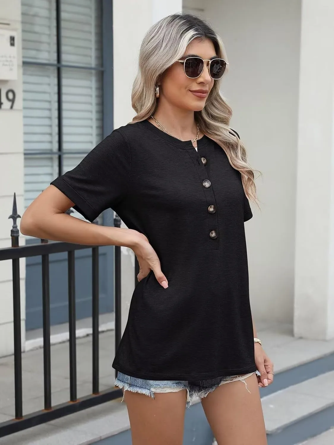 EADINVE Womens Tshirts Crew Neck Short Sleeve Summer Buttons Tops Casual Roll Sleeve Basic Tee Shirts Trendy Loose Fit