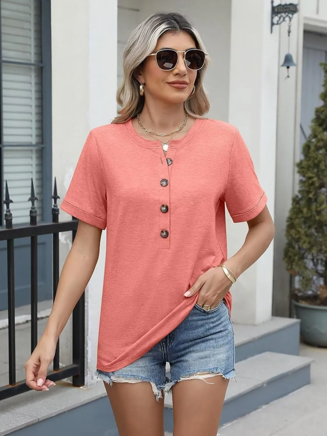 EADINVE Womens Tshirts Crew Neck Short Sleeve Summer Buttons Tops Casual Roll Sleeve Basic Tee Shirts Trendy Loose Fit