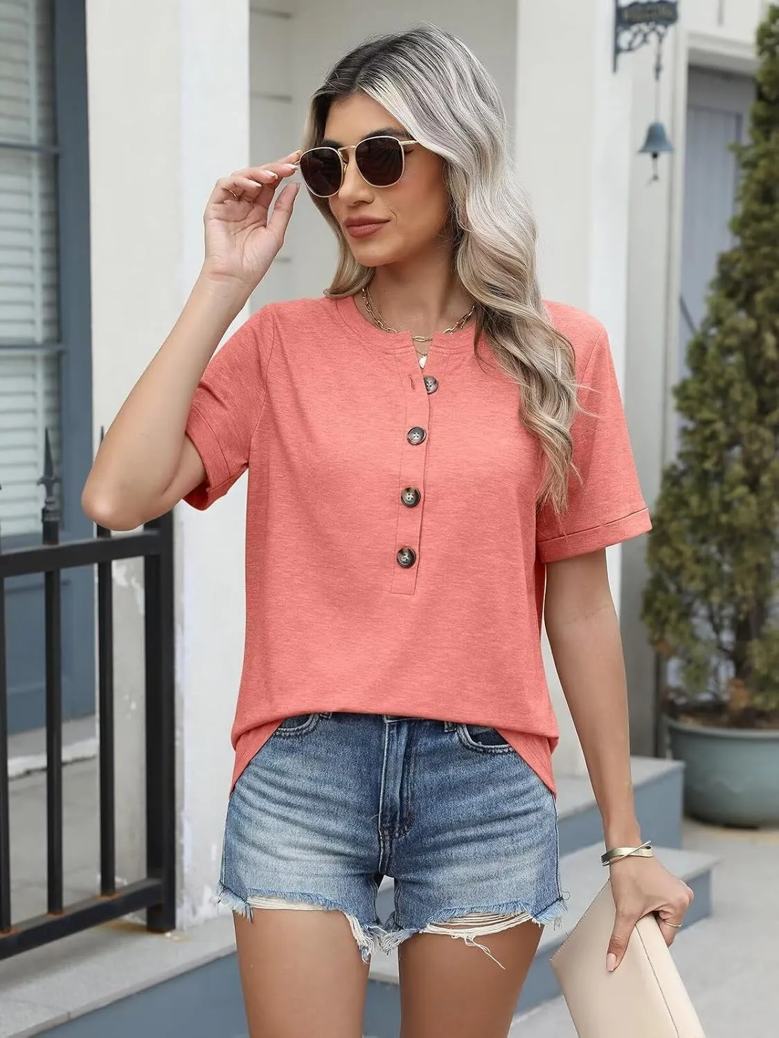 EADINVE Womens Tshirts Crew Neck Short Sleeve Summer Buttons Tops Casual Roll Sleeve Basic Tee Shirts Trendy Loose Fit