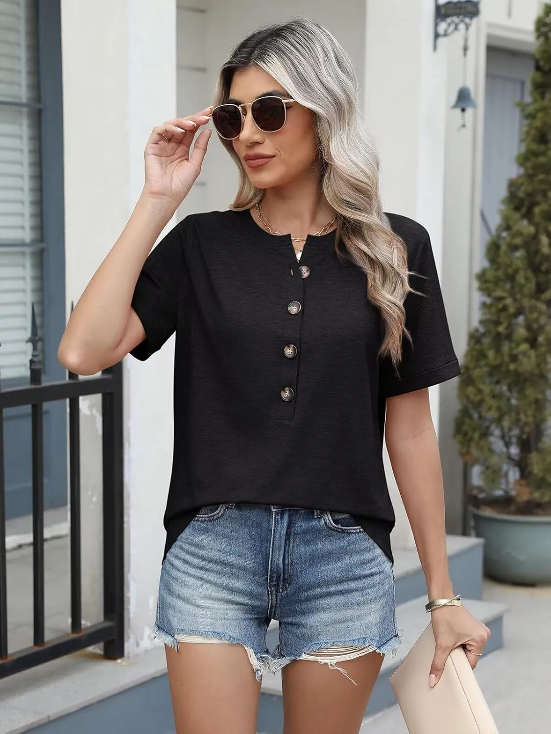 EADINVE Womens Tshirts Crew Neck Short Sleeve Summer Buttons Tops Casual Roll Sleeve Basic Tee Shirts Trendy Loose Fit