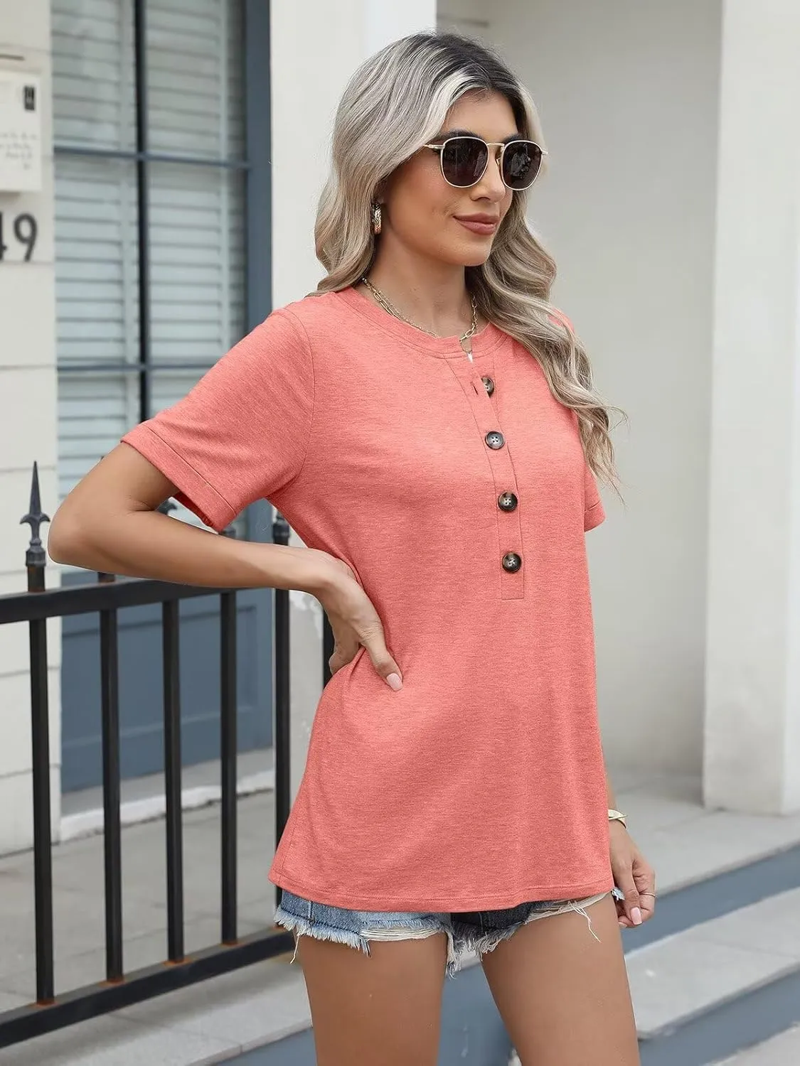 EADINVE Womens Tshirts Crew Neck Short Sleeve Summer Buttons Tops Casual Roll Sleeve Basic Tee Shirts Trendy Loose Fit