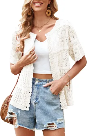 ECOWISH Summer Crochet Cardigans for Women: 2025 Lightweight Short Sleeve Crewneck Button Down Cropped Casual Sweater Tops