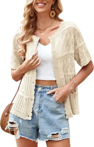 ECOWISH Summer Crochet Cardigans for Women: 2025 Lightweight Short Sleeve Crewneck Button Down Cropped Casual Sweater Tops