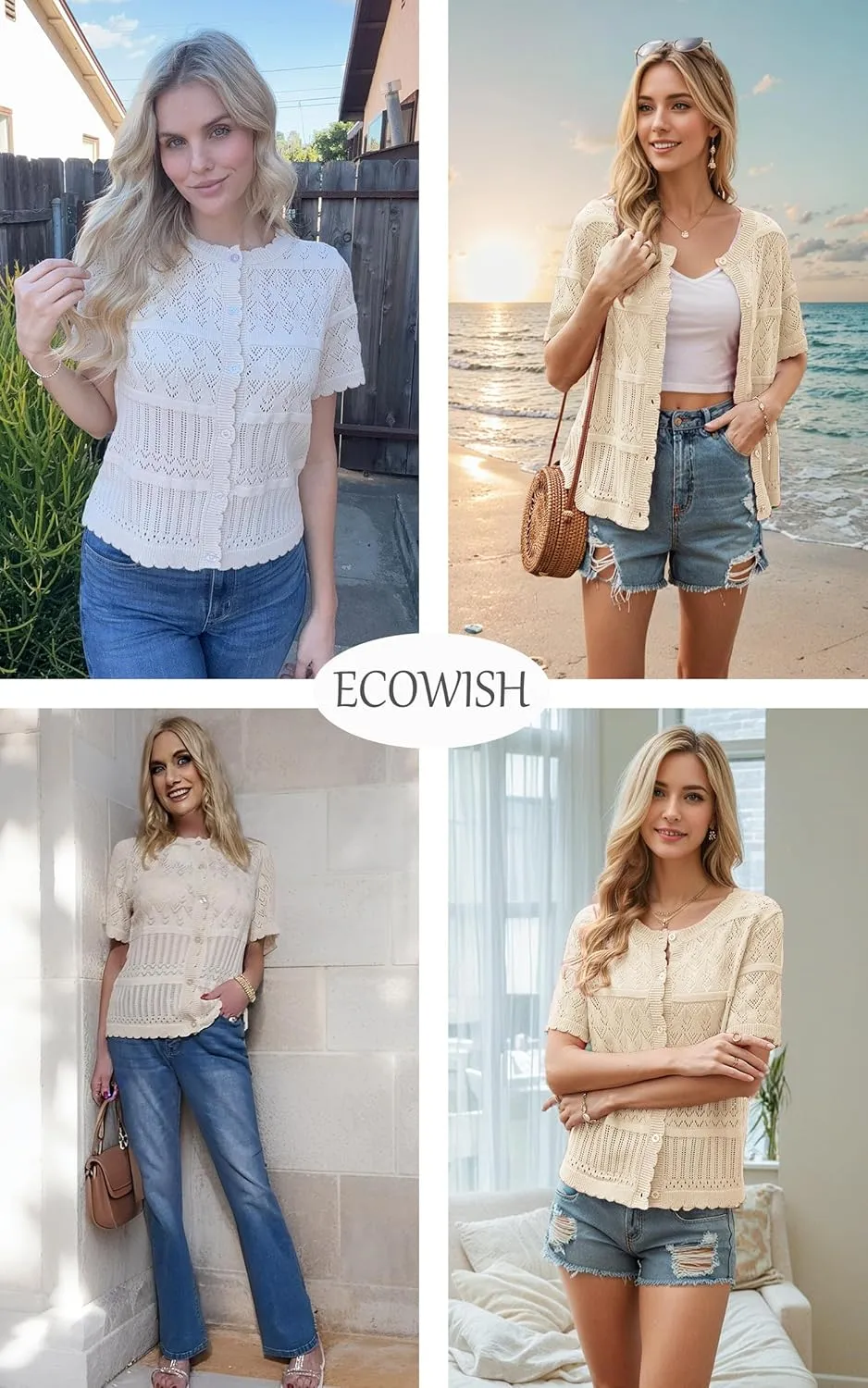 ECOWISH Summer Crochet Cardigans for Women: 2025 Lightweight Short Sleeve Crewneck Button Down Cropped Casual Sweater Tops