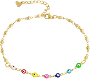 Edforce Stainless Steel 7 Mutli-Colored Evil Eye Pendant 1 Dangle Heart Anklet, 9" 2" Extender