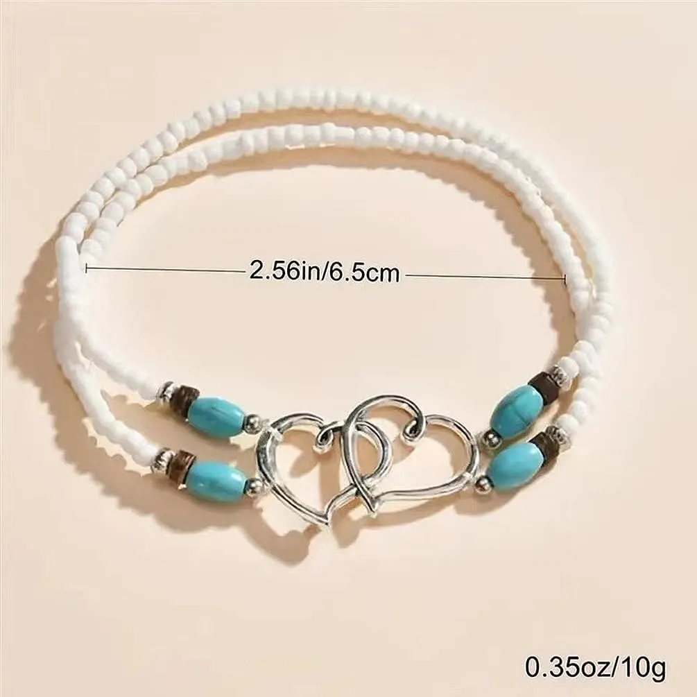 Elastic Beaded Heart Anklets for Women, Layered Gold/Silver Black Double Heart Anklets Boho Colorful Rice Beads Beach Holiday Ankle Jewelry Gift