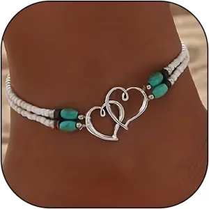 Elastic Beaded Heart Anklets for Women, Layered Gold/Silver Black Double Heart Anklets Boho Colorful Rice Beads Beach Holiday Ankle Jewelry Gift