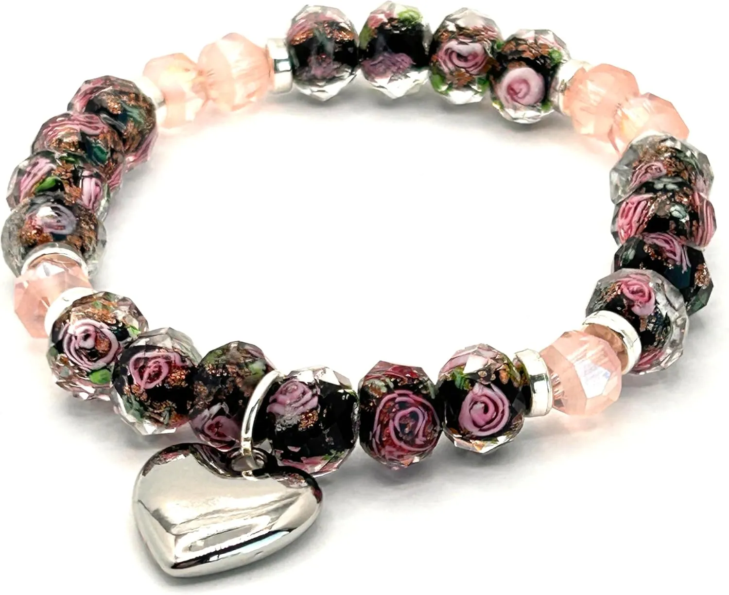 Elegant Floral 9-10MM Black and Pink Roses Gold Sand Lampwork Beads with Sparkling Crystals and Silver Puffed Heart Charm Beaded Stretch Bracelets Gifts for All Occasions Promotes Successfulness