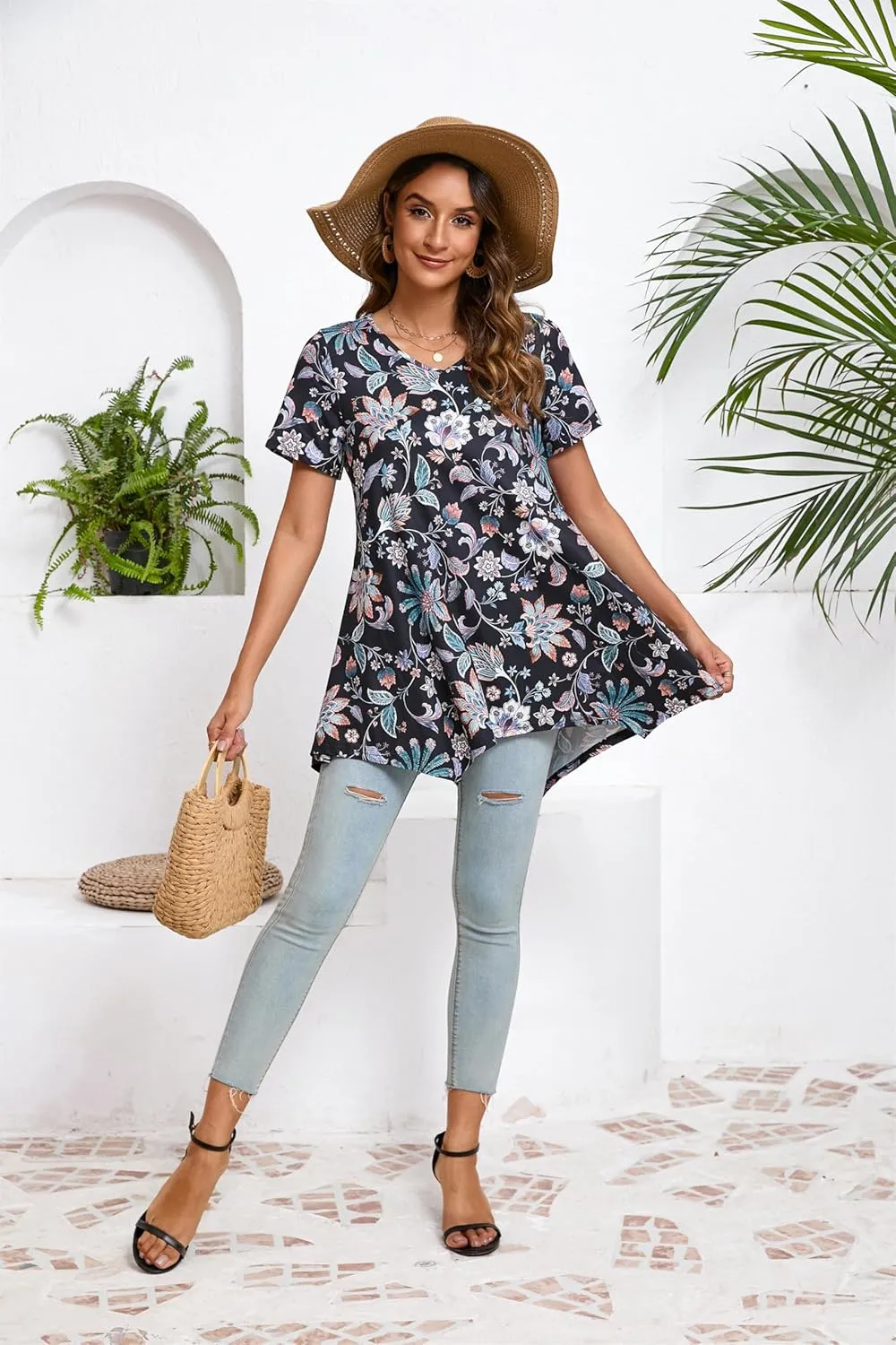 ENMAIN Womens Tunic Tops Short Sleeve Plus Size Summer Tunic Tops to Wear with Leggings Printed T-Shirt Floral Blouses