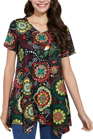 ENMAIN Womens Tunic Tops Short Sleeve Plus Size Summer Tunic Tops to Wear with Leggings Printed T-Shirt Floral Blouses