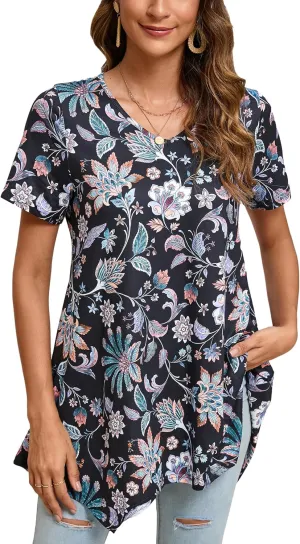 ENMAIN Womens Tunic Tops Short Sleeve Plus Size Summer Tunic Tops to Wear with Leggings Printed T-Shirt Floral Blouses