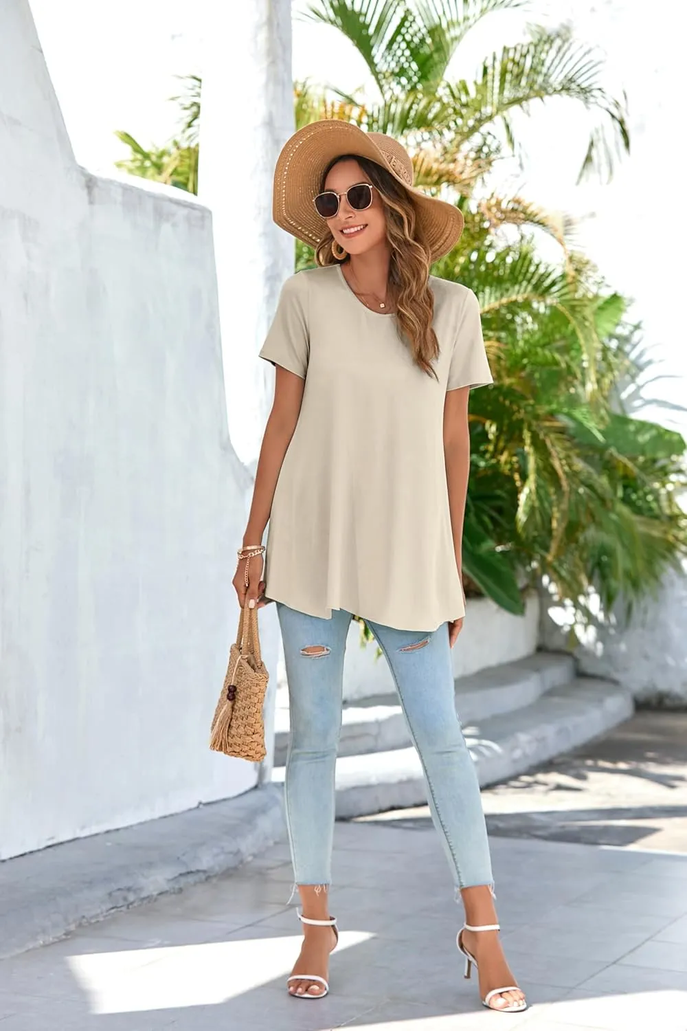 ENMAIN Womens Tunic Tops Short Sleeve Plus Size Summer Tunic Tops to Wear with Leggings Printed T-Shirt Floral Blouses
