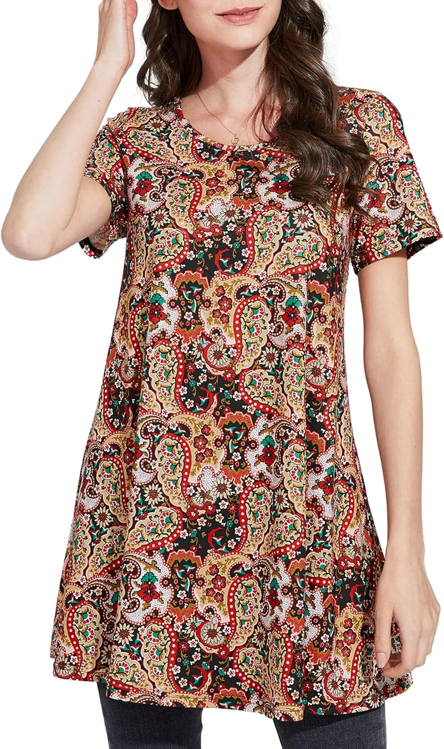 ENMAIN Womens Tunic Tops Short Sleeve Plus Size Summer Tunic Tops to Wear with Leggings Printed T-Shirt Floral Blouses