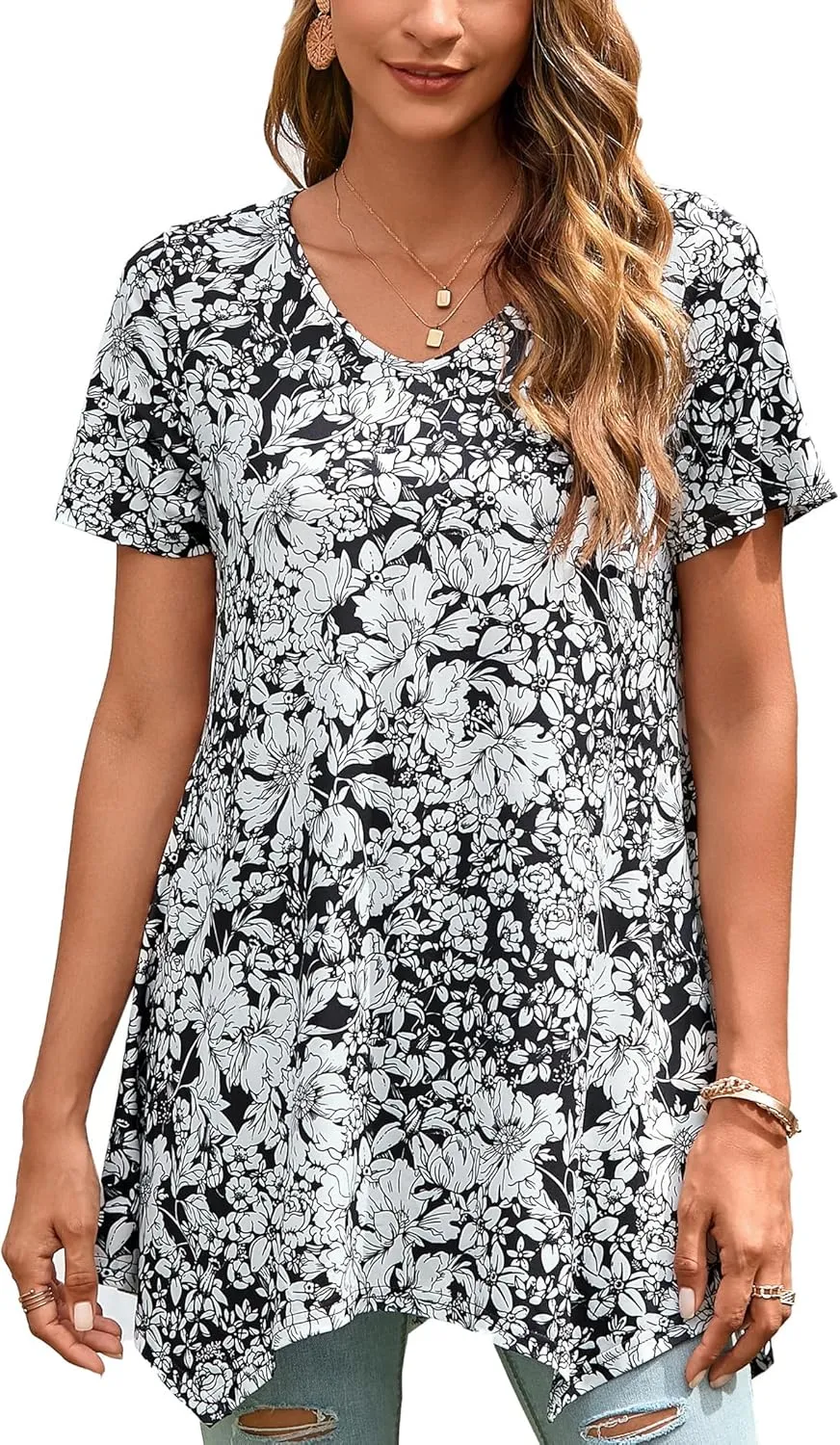 ENMAIN Womens Tunic Tops Short Sleeve Plus Size Summer Tunic Tops to Wear with Leggings Printed T-Shirt Floral Blouses