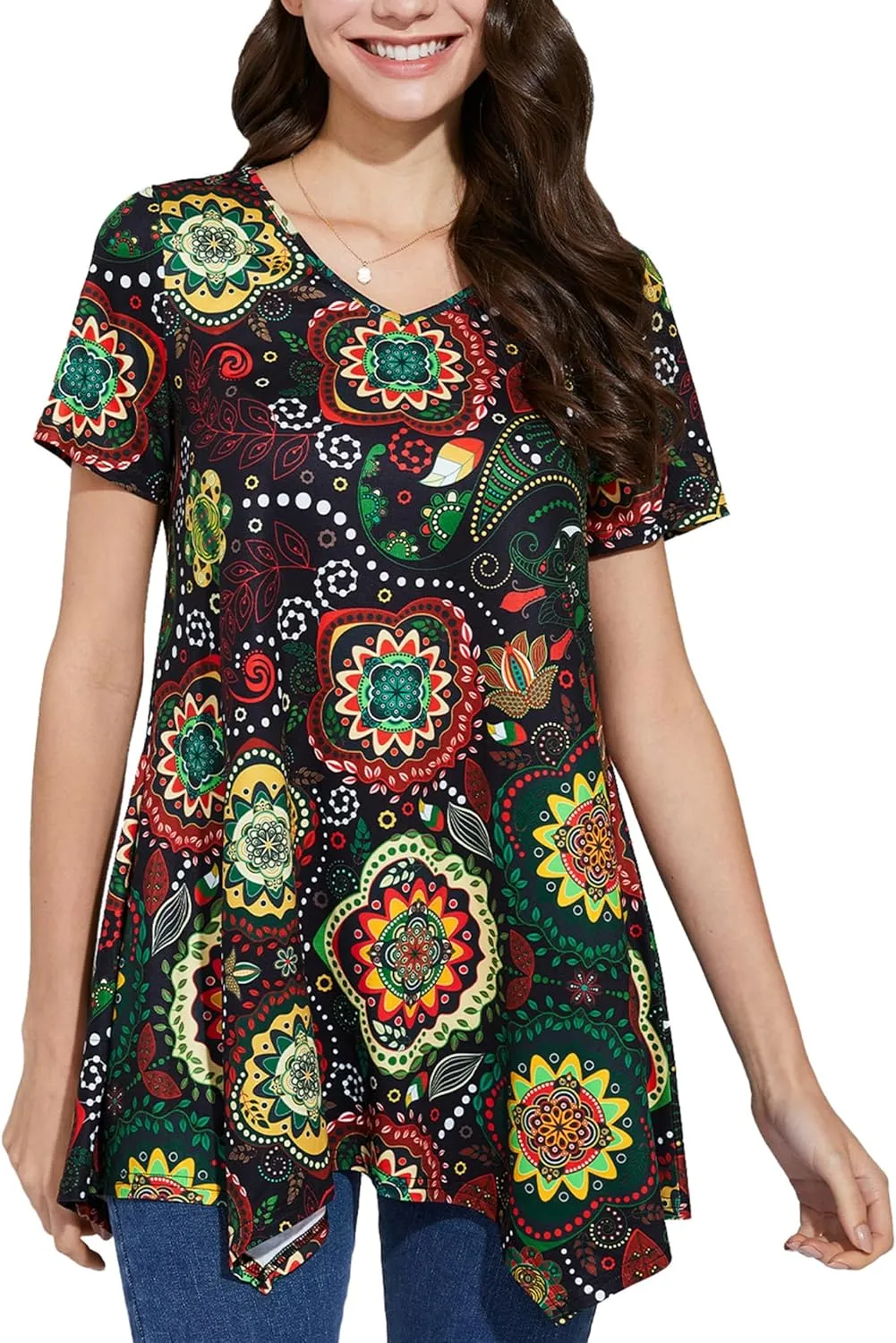 ENMAIN Womens Tunic Tops Short Sleeve Plus Size Summer Tunic Tops to Wear with Leggings Printed T-Shirt Floral Blouses