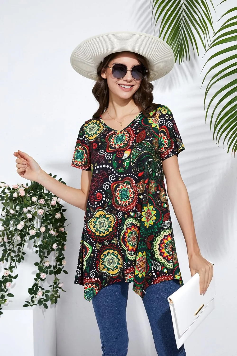 ENMAIN Womens Tunic Tops Short Sleeve Plus Size Summer Tunic Tops to Wear with Leggings Printed T-Shirt Floral Blouses