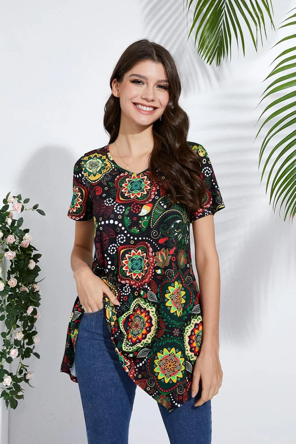 ENMAIN Womens Tunic Tops Short Sleeve Plus Size Summer Tunic Tops to Wear with Leggings Printed T-Shirt Floral Blouses