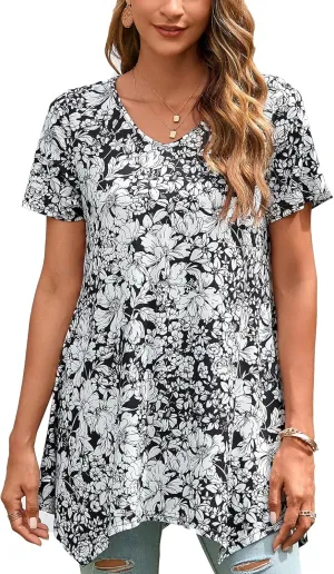 ENMAIN Womens Tunic Tops Short Sleeve Plus Size Summer Tunic Tops to Wear with Leggings Printed T-Shirt Floral Blouses