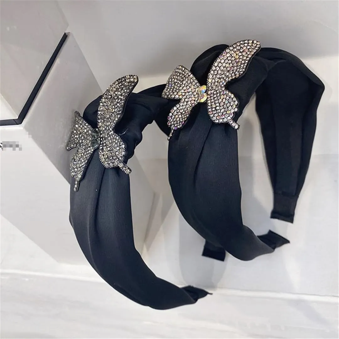 ERFMFKL Rhinestone Fabric Headbands Hair Accessories Women Rhinestone Crystal Wide Side Knotted Hair Band Gray