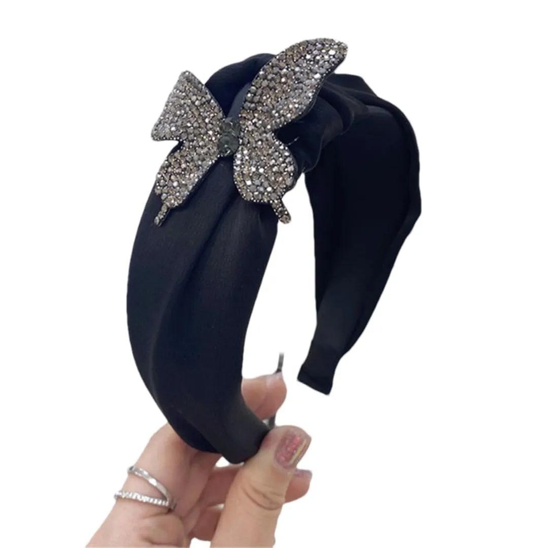 ERFMFKL Rhinestone Fabric Headbands Hair Accessories Women Rhinestone Crystal Wide Side Knotted Hair Band Gray