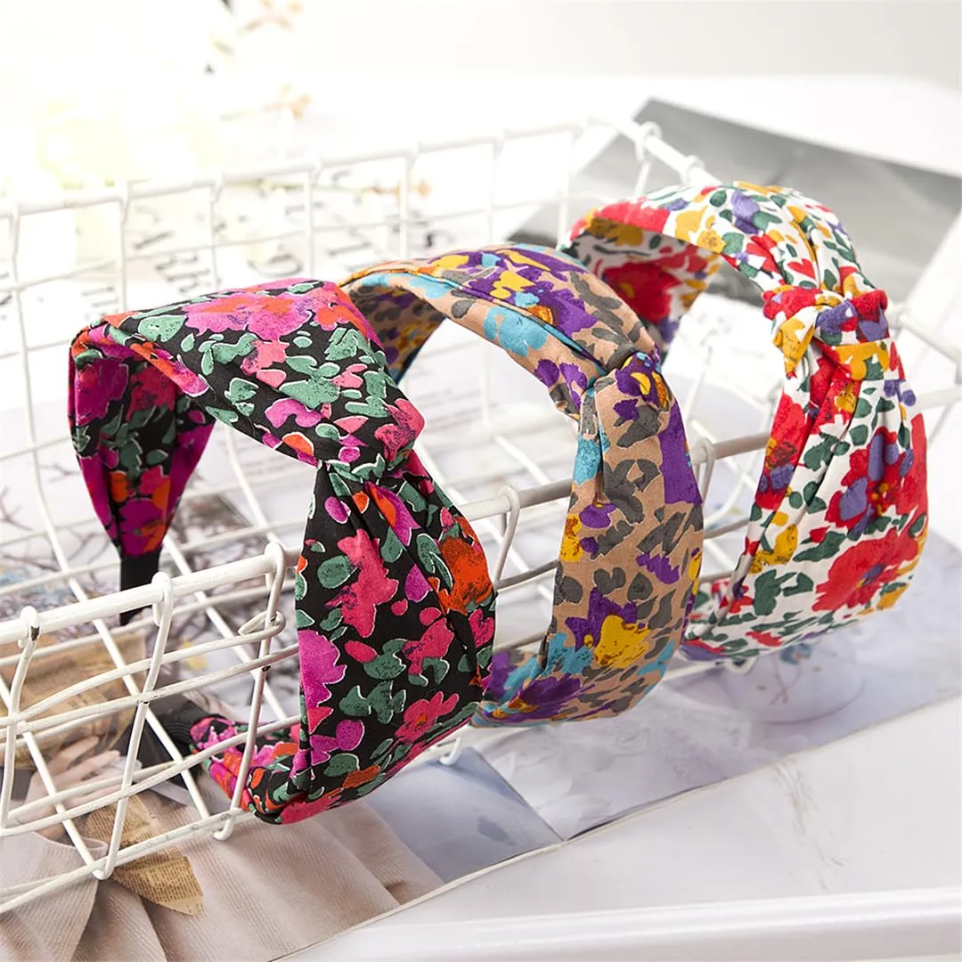 ERFMFKL Women Flower Print Knotted Headbands Bezel Turban Elastic Cross Bow Hairbands Hoop Accessories 10 khaki