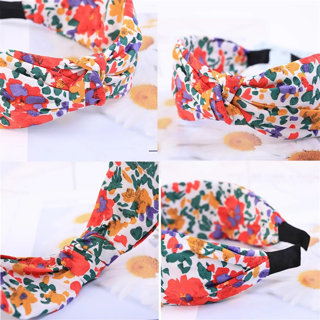ERFMFKL Women Flower Print Knotted Headbands Bezel Turban Elastic Cross Bow Hairbands Hoop Accessories 10 khaki