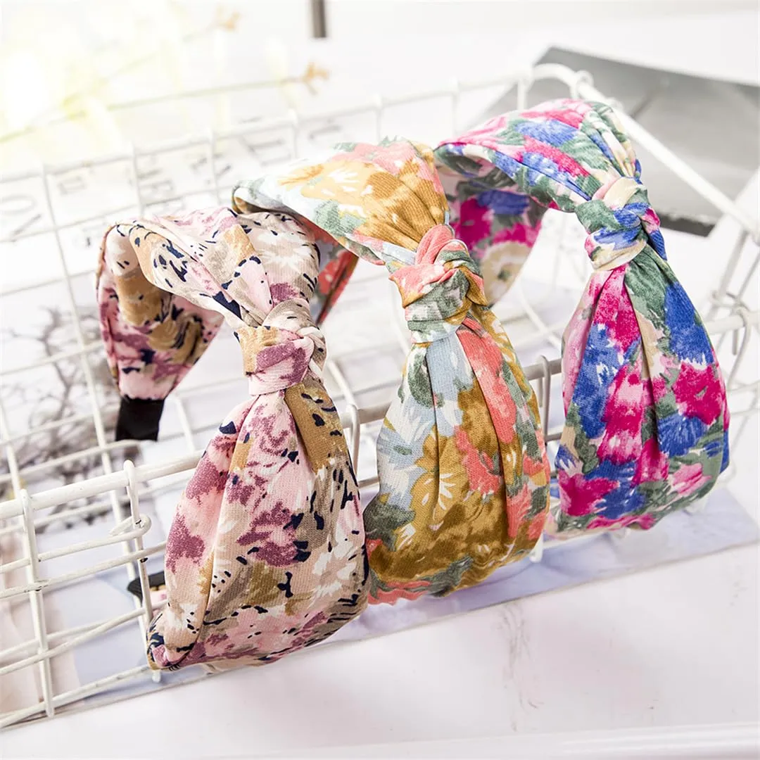 ERFMFKL Women Flower Print Knotted Headbands Bezel Turban Elastic Cross Bow Hairbands Hoop Accessories 10 khaki