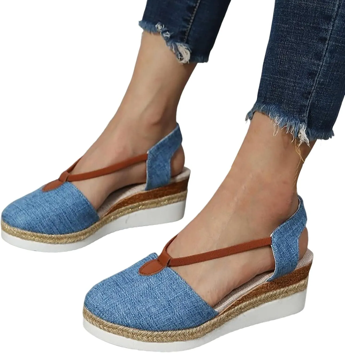 Espadrilles Wedges for Women Summer Orthopedic Platform Wedge Sandals, Closed Toe Anti Slip Sandals Ankle Strap Espadrille Beach Comfortable Outdoor Shoes
